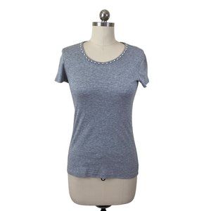 Banana Republic Womens Top Small Gray Pima Cotton Pearl Stud Accent Short Sleeve